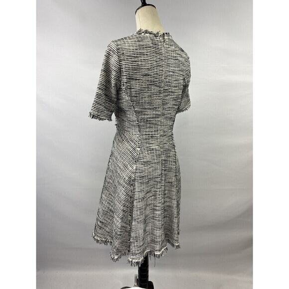 Rebecca Taylor Tweed Mini Dress White Black Size 6 Fringe Short Sleeve Lined - Picture 4 of 15